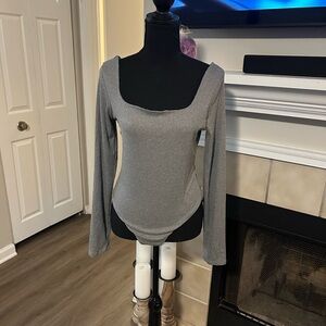 Fashion Nova Gray Ribbed Long Sleeve Bodysuit